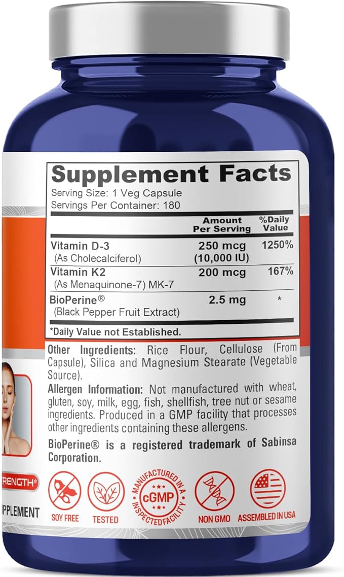 NusaPure Vitamin K2 (MK7) (200mcg) + Vitamin D3 (10000 IU) 180 Veg Caps - Bioperine Soyfree Non-GMO