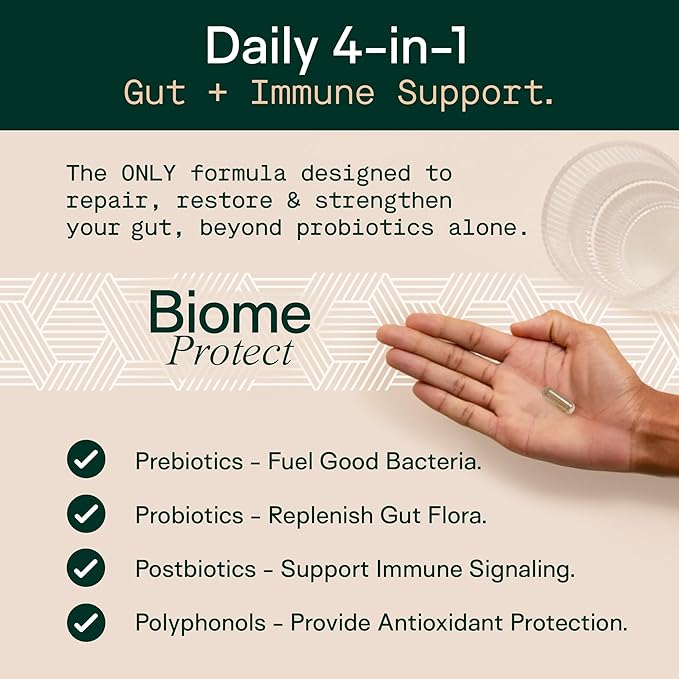 Adapt Naturals 4-in-1 Biome Protect Prebiotics Probiotics Supplement Postbiotics &amp Polyphenols for Microbiome Gut Health &amp Defense for Women &amp Men 30 Day Supply