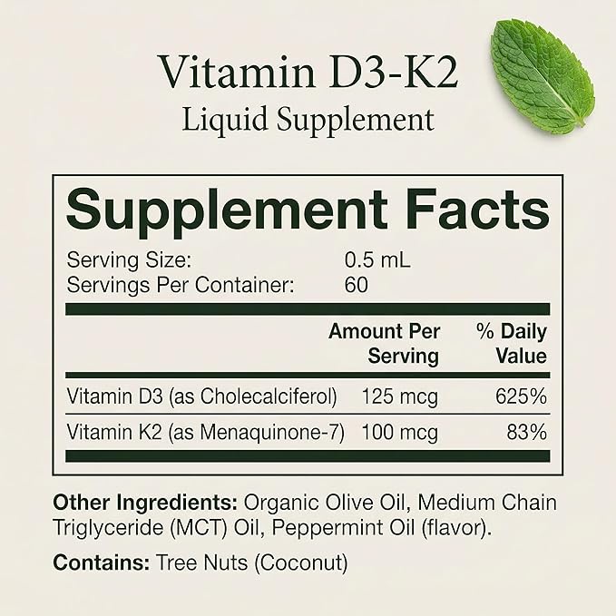 Vitamin D3 + K2 Drops 5000 IU D3 100 mcg K2 MK-7 Peppermint Flavor Liquid Tincture with Organic Oils Non-GMO Gluten-Free 1 fl oz
