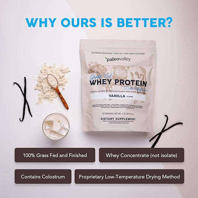 Paleovalley 100% Grassfed Whey Protein Powder with Colostrum 30 Serving - Vanilla 13g Protein Muscle Building Immune Support Gut Health