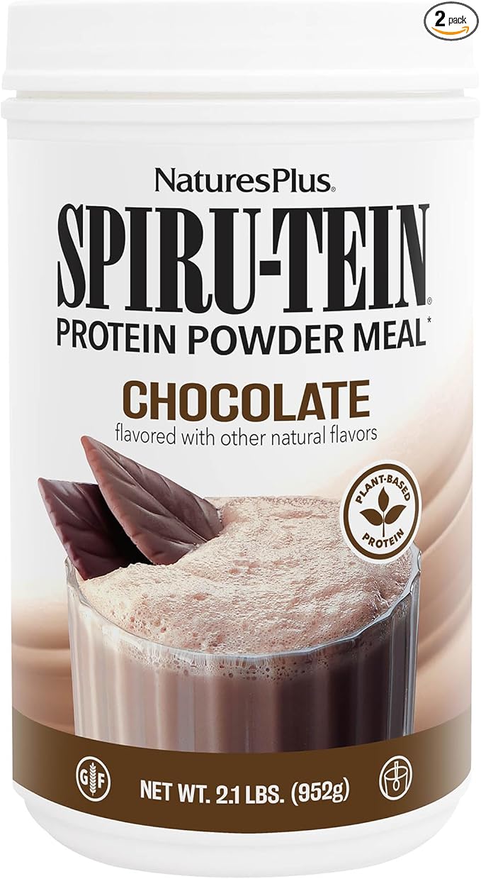 NaturesPlus SPIRU-TEIN Chocolate - 2.1 lb Pack of 2 - Plant-Based Protein Shake - Non-GMO Vegetarian Gluten Free - 68 Total Servings
