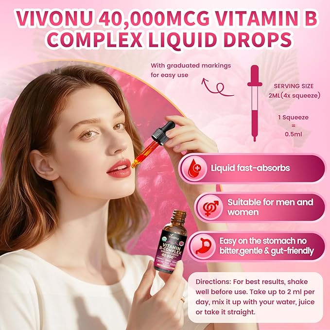 VivoNu Vitamin B Complex Liquid Drops Vitamins B12 B6 B1 B2 B3 B5Methyl Folate with Vitamin C A E D Support Energy Raspberry Flavor Natural Ingredient Non GMO