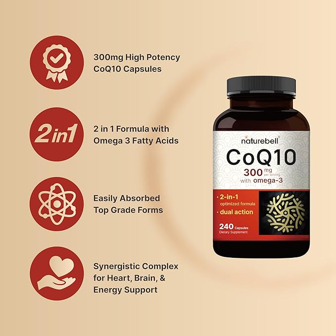 NatureBell CoQ10 300mg - 240 Capsules - High-Potency Support for Healthy Heart - Daily Energy &amp Vitality Aid with Antioxidant Support - Easily Absorbed Ubiquinone &amp Omega-3*