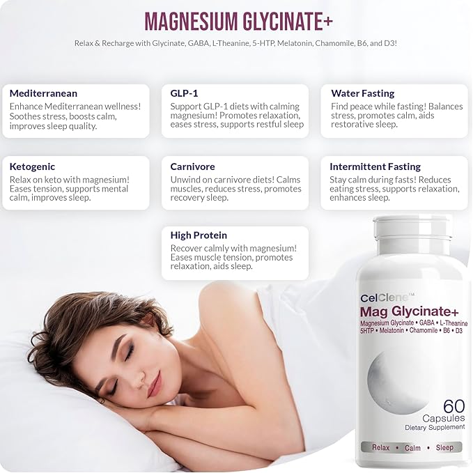 Magnesium Glycinate+ Supports Stress Relief Sleep Heart Health Nerves Muscles and Metabolism with Magnesium Glycinate GABA L-Theanine 5-HTP Melatonin Vitamin B6 and Vitamin D3