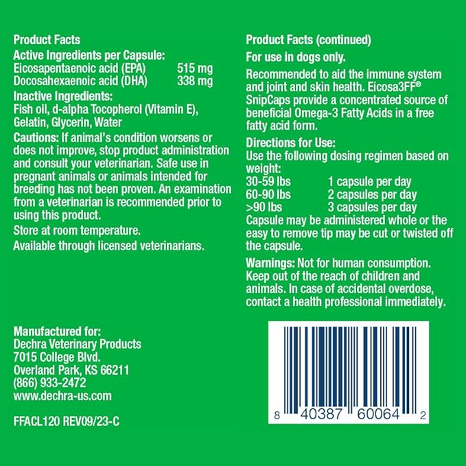 Eicosa3FF SnipCaps Omega 3 Free Fatty Acid Capsules for Dogs - Large 120 ct