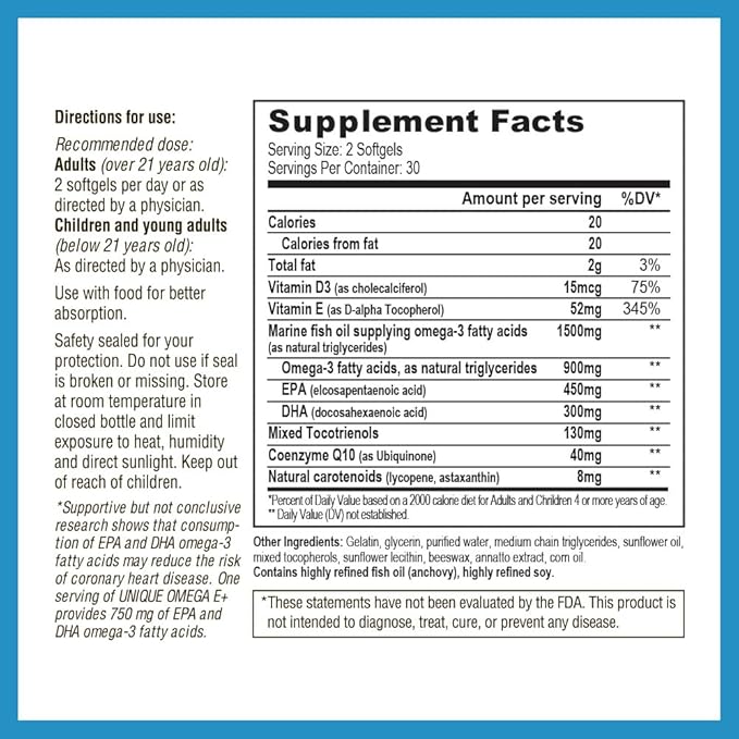 UNIQUE E A.C. Grace Company Omega E+ - Fish Oil Supplement - with Marine Omega-3 Fatty Acids Vitamin E Vitamin D3 and CoQ10 - Helps Support Heart Brain and Skin Health - 60 Softgels