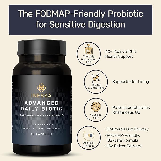 Inessa Daily Biotic - Probiotics for Women Digestive Health with Delayed Release Technology - Advanced Probiotic with 10 Billion CFU - Lactobacillus Rhamnosus Strain 60 Vegan Capsules for Men &amp Wo
