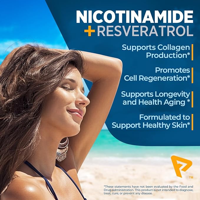 Nicotinamide 500 mg with Resveratrol 100 mg 120 Veggie Capsules - Non-GMO Vitamin B3 Supports Metabolic Health NAD+ Skin Cell &amp Mitochondrial Energy Production. Made in USA for Men and Women