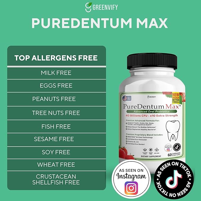 Puredentum Max for Gums and Teeth Health &amp Fresh Breath - 40 Billion CFU Advanced Oral Probiotics for Mouth Bad Breath Capsule Supplement (20)