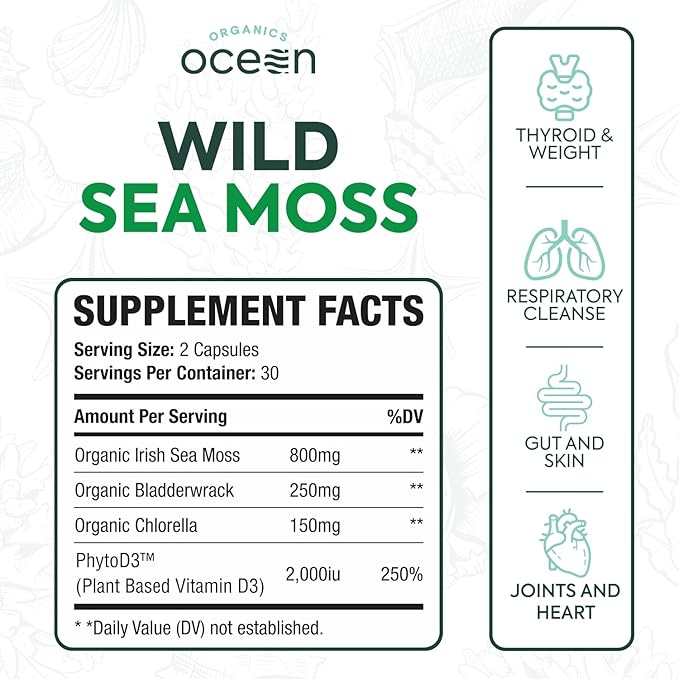 Organics Ocean Wild Sea Moss Capsules - 100% Organic Irish Sea Moss with Organic Chlorella Bladderwrack and Vitamin D for Energy Lung Health and Thyroid Support for Women and Men - 60 Capsules