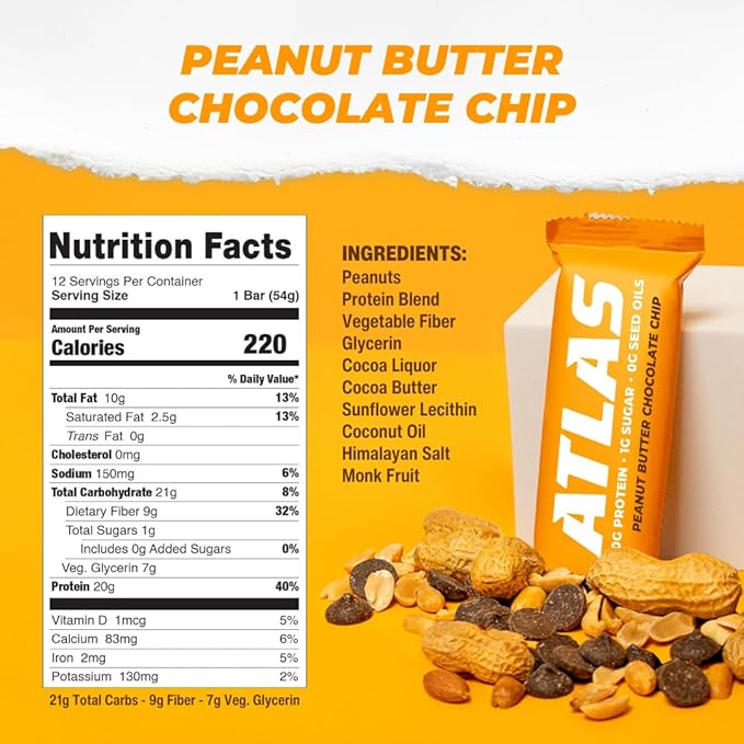Atlas Real Food Protein Bar – 20g Clean Protein 1g Sugar No Seed Oils No Artificial Sweeteners (Variety 12 Count)
