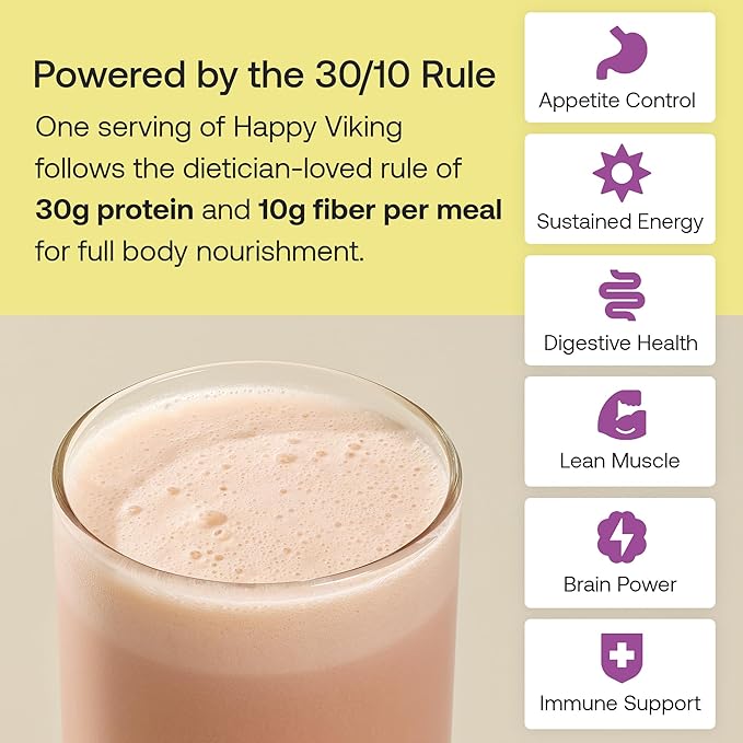 Happy Viking Plant-Based Protein Powder +100 Superfoods Strawberry Meal Replacement Shake Created by Venus Williams 30g Plant Protein 10g Fiber Vegan Gluten-Free Non-GMO15 Meals
