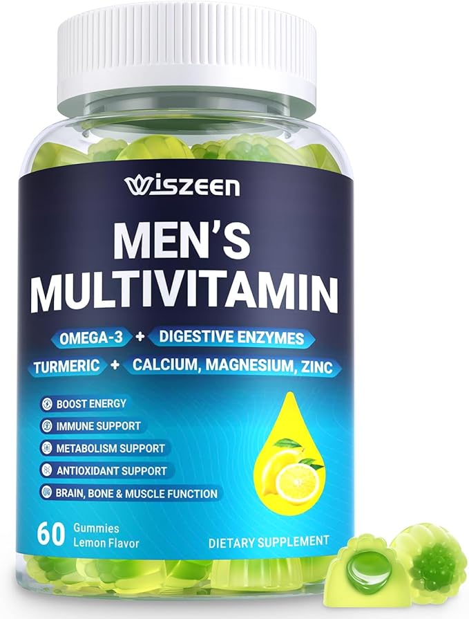 Mens Multivitamins Gummies with Vitamins A C D K E B Complex Omega-3 Digestive Enzymes Lycopene Calcium Magnesium Zinc - Support Brain Muscle Energy Sugar Free Vegan 60Cts