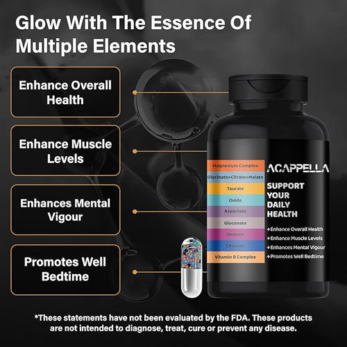 ACAPPELLA Magnesium Complex Capsule Vitamin B Supplement with Malate Magnesium Citrate Glycinate Oxide Taurate - 120 Count