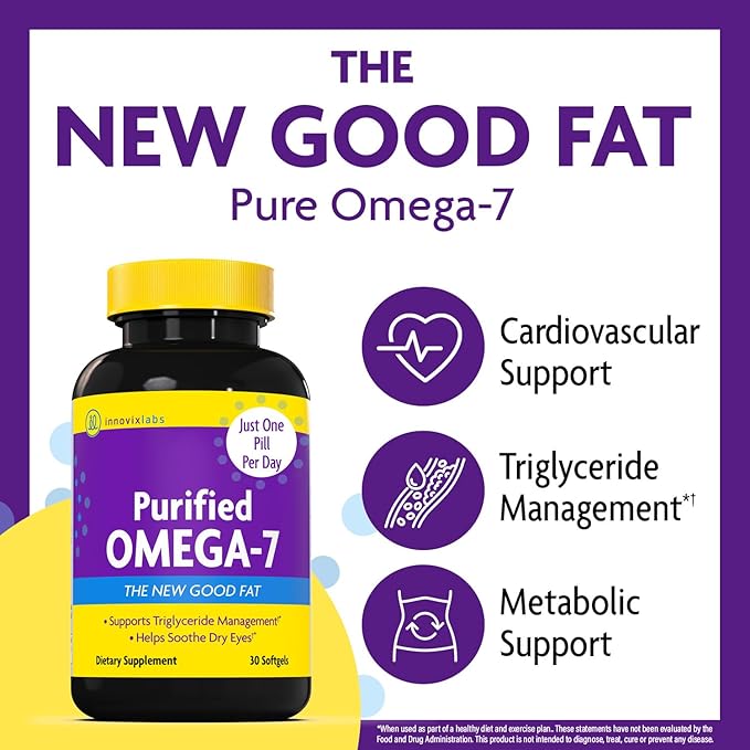 InnovixLabs Purified Omega 7 Supplement - 210 mg Omega-7 Palmitoleic Acid Fish Oil for Metabolism &amp Triglyceride Support Essential Fatty Acids IFOS Approved 30 Softgels