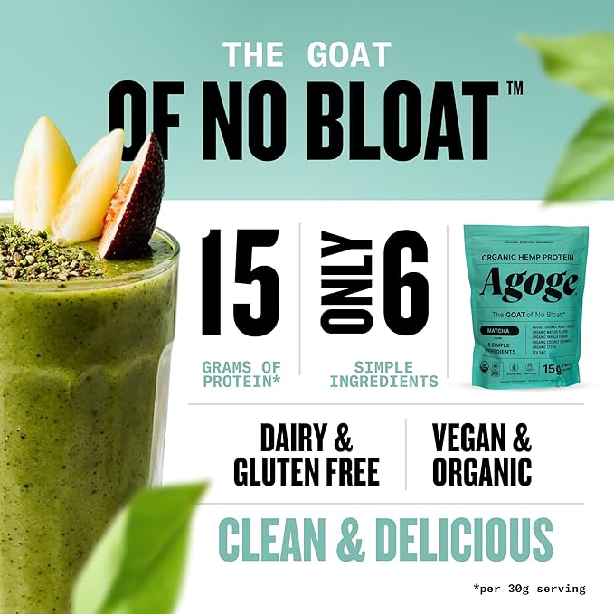 Agoge - USDA Organic Hemp Protein Powder The Goat of No Bloat NSF Certified for Sport All Flavor Essential Amino Acids Plant-Based Gluten Free for Women &amp Men (20 Servings) (Matcha)