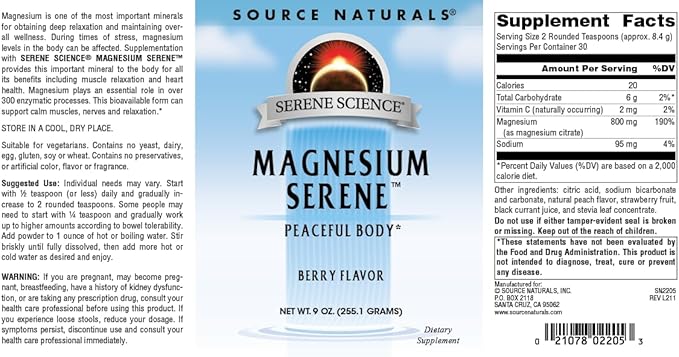 Source Naturals Serene Science Magnesium Serene Berry Flavored Peaceful Body 9 Ounces