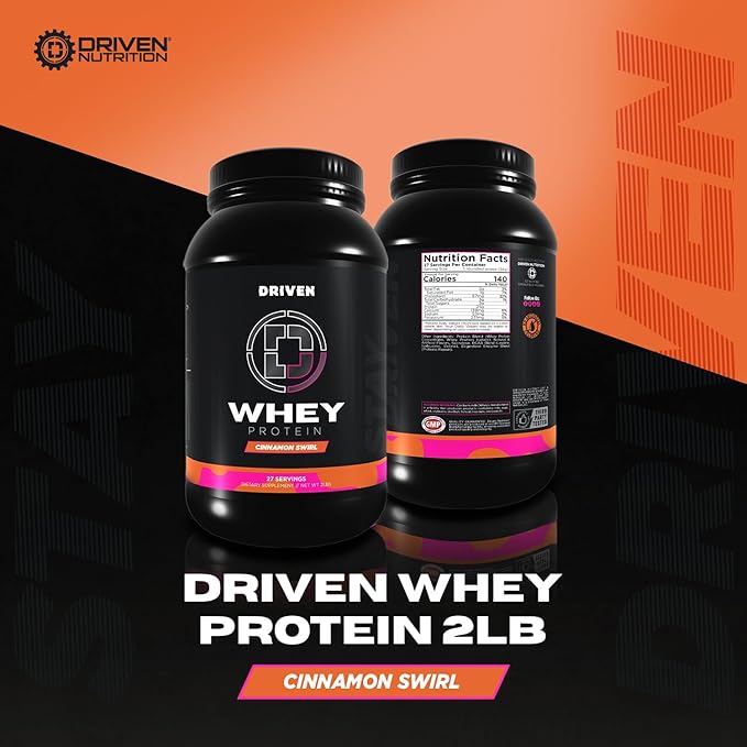 Driven WHEY- Grass Fed Whey Protein Powder: Delicious Clean Protein Shake- Improve Muscle Recovery with 23 Grams of Protein with Added BCAA and Digestive Enzymes (2 lb Cinnamon Roll)