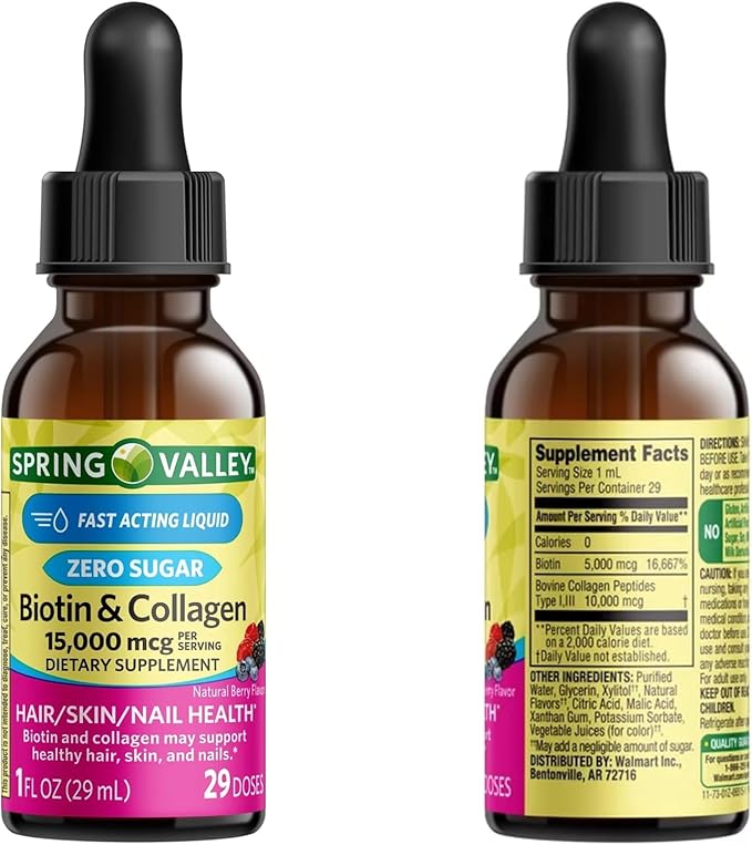 Liquid Biotin and Collagen 15000Mcg Natural Berry Flavor Drops for Hair Skin Nails z (Pack of 2)