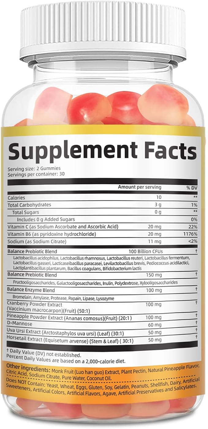 Premium Feminine Balance Gummies – 2 Pack Probiotic + Enzyme Blend for Digestive Hormone &amp PH Balance Pineapple Flavor 120 Gummies