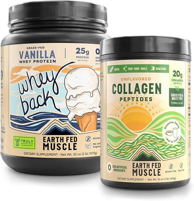 Earth Fed Muscle Vanilla Grass‑Fed Whey + Unflavored Collagen Peptides Power Bundle