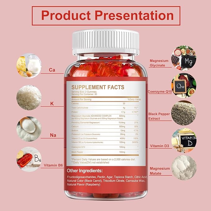 Magnesium Gummies 600mg per Serving-Magnesium Glycinate 400mg and Magnesium Malate 200mgSugar Free Magnesium Potassium Supplement for Calm Mood Muscle Bone &amp Energy Support120 Raspberry Gummie