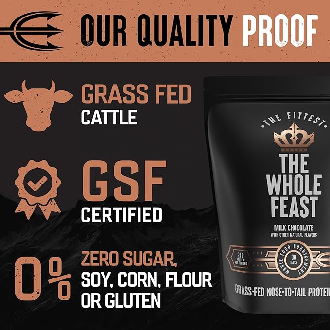 The Fittest Whole Feast Beef Protein Powder - Milk Chocolate - Grass Fed Nose to Tail Carnivore Blend Including Liver Colostrum and Whole Bone - BCAAs - 14g Collagen 21g Total Protein