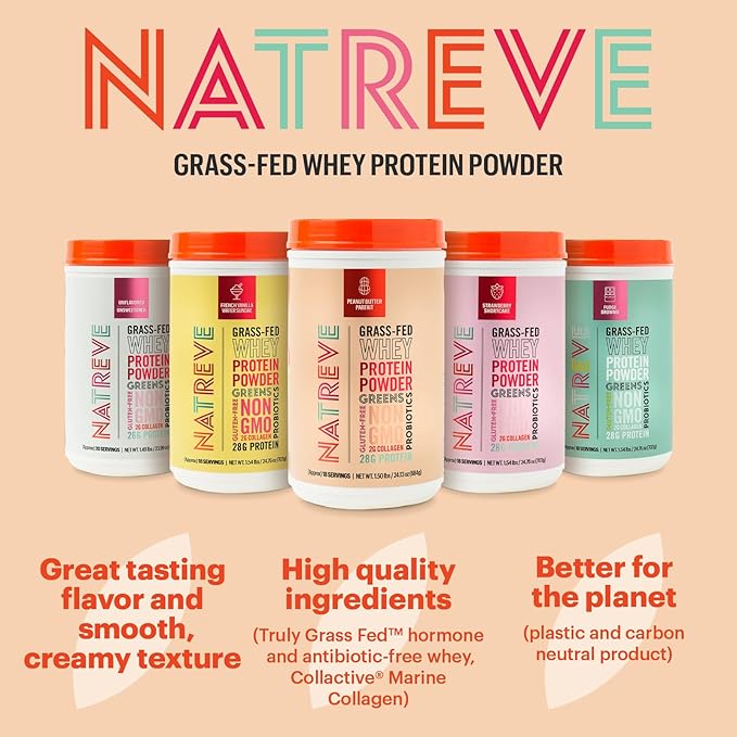 Natreve Whey Protein Powder - 28g Grass-Fed Whey Protein with Amino Acids Probiotics &amp Collagen - Gluten Free Peanut Butter Parfait 18 Servings
