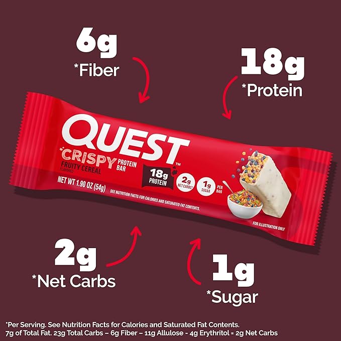 Quest Nutrition Crispy Protein Bar Fruity Cereal Flavor 18g Protein 1g Sugar 2g Net Carbs Low Sugar 12 Count