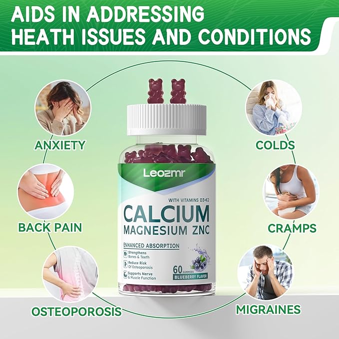 Calcium Magnesium Zinc Gummies with Vitamin D3 &amp K2 - High Potency Enhanced Absorption -120 Blueberry Gummies Flavored