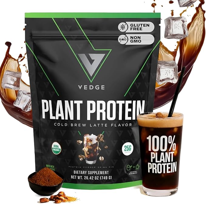 VEDGE Vegan Protein Powder - Plant Protein Powder with Pea Pumpkin &amp Sunflower - USDA Organic Amino Acids Dairy Free Gluten Free Soy Free Keto Non GMO - Cold Brew Latte - 20 Servings