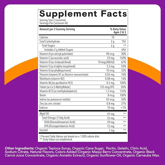 SmartyPants Toddler Multivitamin Gummies Omega 3 (DHA/EPA) Vitamins D3 C Vitamin B12 B6 A K &amp Zinc Biotin Gluten Free Three Fruit Flavors 120 Count (60 Day Supply)