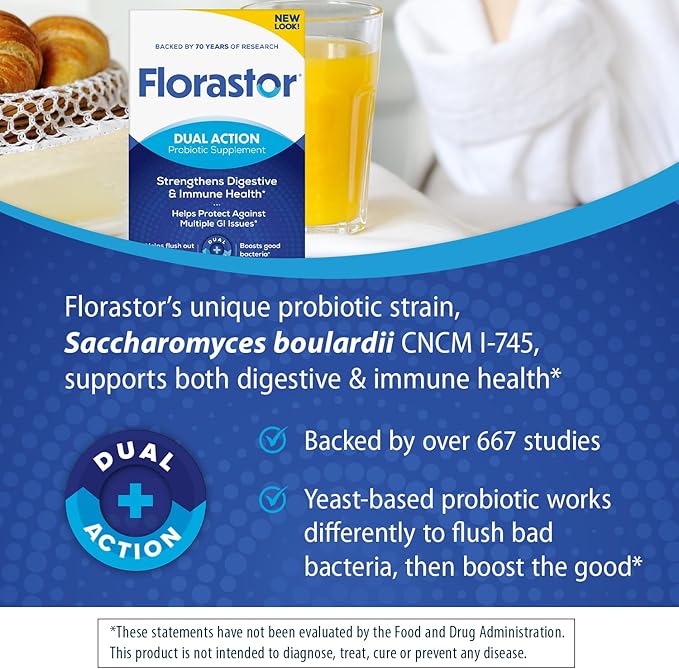 Florastor Probiotics for Digestive and Immune Health 54 Capsules Probiotics for Women &amp Men Helps Flush Out Bad Bacteria Boosts The Good with Our Strain Saccharomyces Boulardii Packaging May