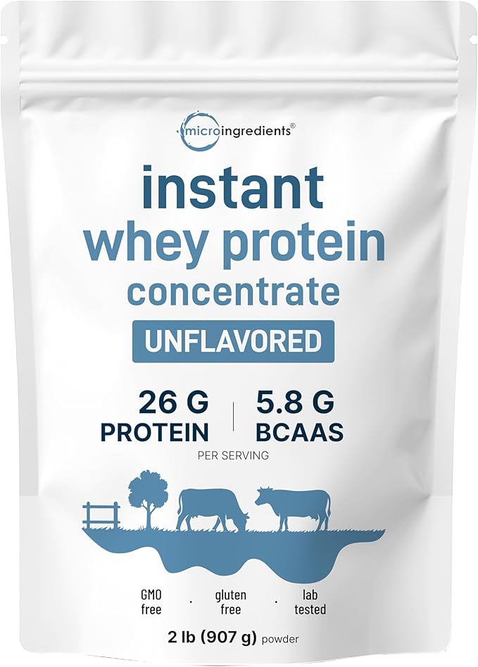 Instant Whey Protein Powder Concentrate 2lbs | Unflavored with Fast Absorption | 26g Protein Per Serving + 5.8g BCAAs | Great for Bars Shakes Smoothies Snacks or Coffee | Non-GMO Soy Free