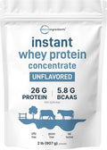 Instant Whey Protein Powder Concentrate 2lbs | Unflavored with Fast Absorption | 26g Protein Per Serving + 5.8g BCAAs | Great for Bars Shakes Smoothies Snacks or Coffee | Non-GMO Soy Free