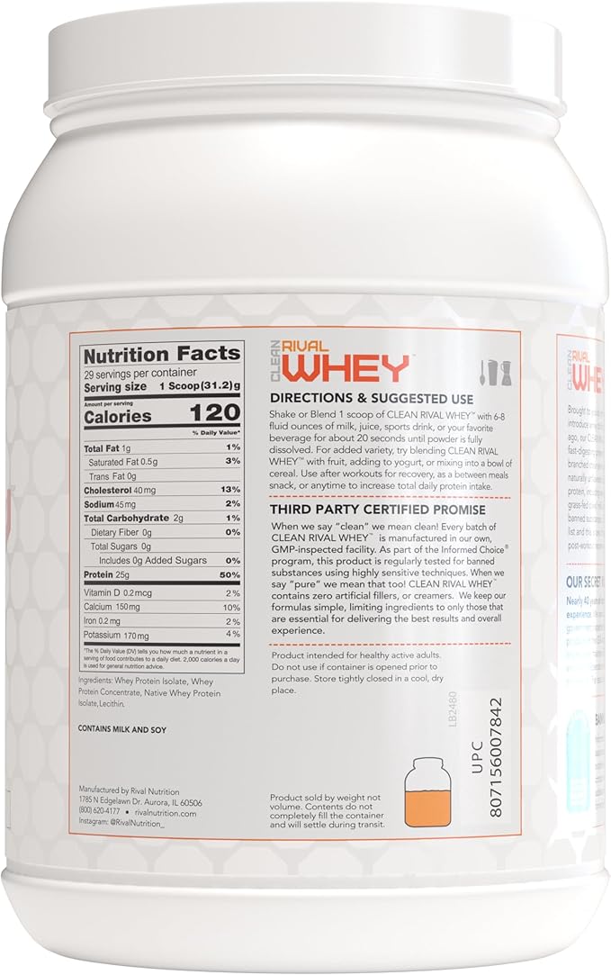 RIVAL NUTRITION Clean Rival Whey – 2LB Unflavored – 100% Whey Protein Powder Whey Isolate Primary Source | 25g Protein Muscle Gain/Recovery | All Natural No Artificial Ingredients - 29 Servings