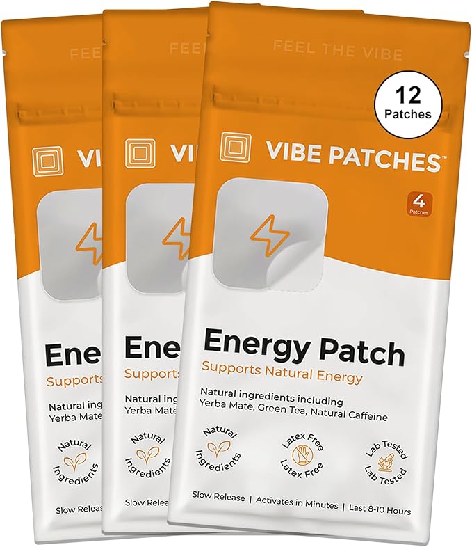 Energy Patch | Wearable Wellness for Caffeine Support with Yerba Mate Green Tea | Long Lasting Patch for 10 Hours | Vegan &amp Latex Free | 4 Patches Per Pack 3 Pack