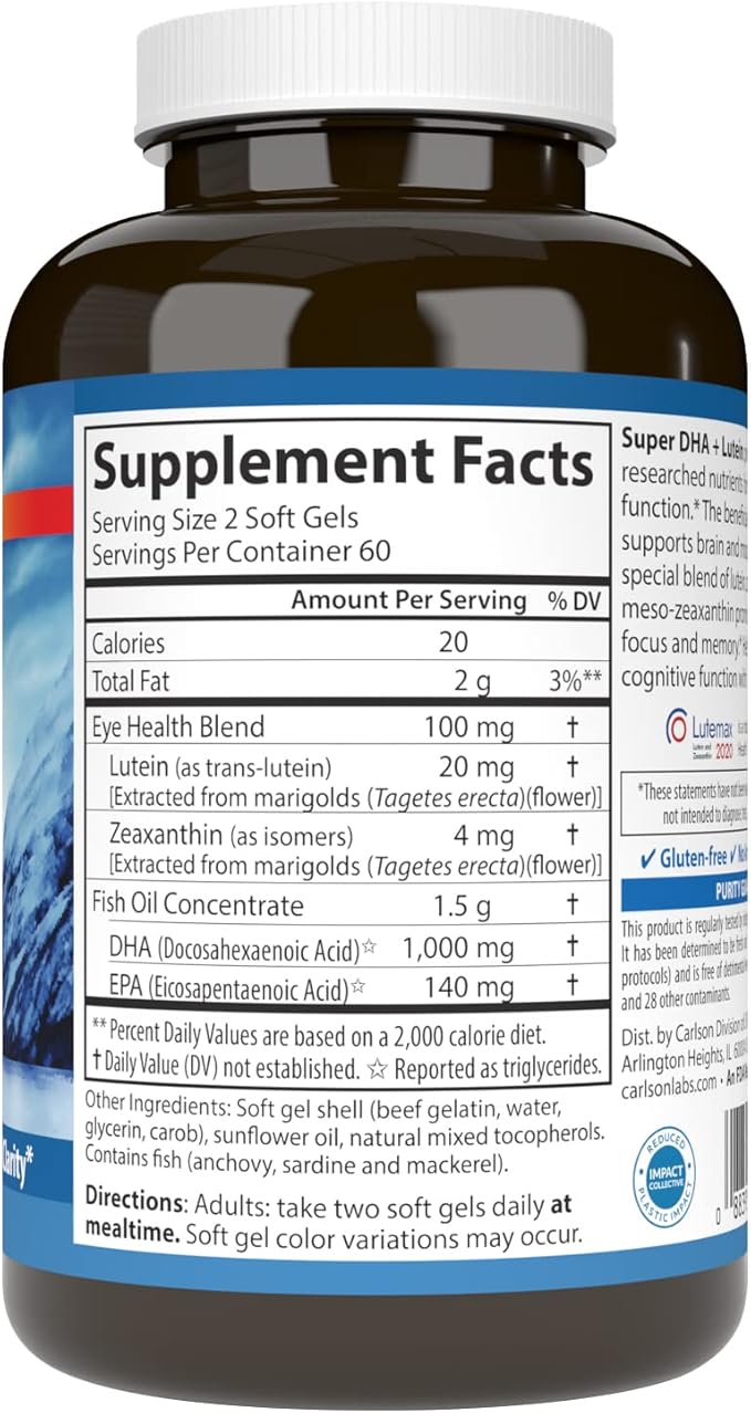 Carlson - Super DHA Plus Lutein 1000 mg DHA + 20 mg Lutein 120 Softgels
