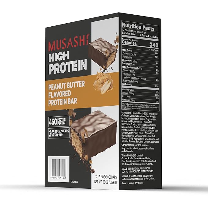 MUSASHI High Protein Bar 45g Protein 2g Total Sugars Peanut Butter &amp Milk Chocolate Coated Post Workout and Protein Snack On The Go 12 Pack of 3.2oz (90g) Bars