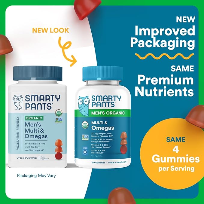 SmartyPants Multivitamin for Men Organic Gummies: Methylfolate Omega 3 (ALA) Vitamin D3 C Vitamin B12 B6 A K &amp Zinc for Immune Support Biotin Vegetarian 120 Gummies (30 Day Supply)