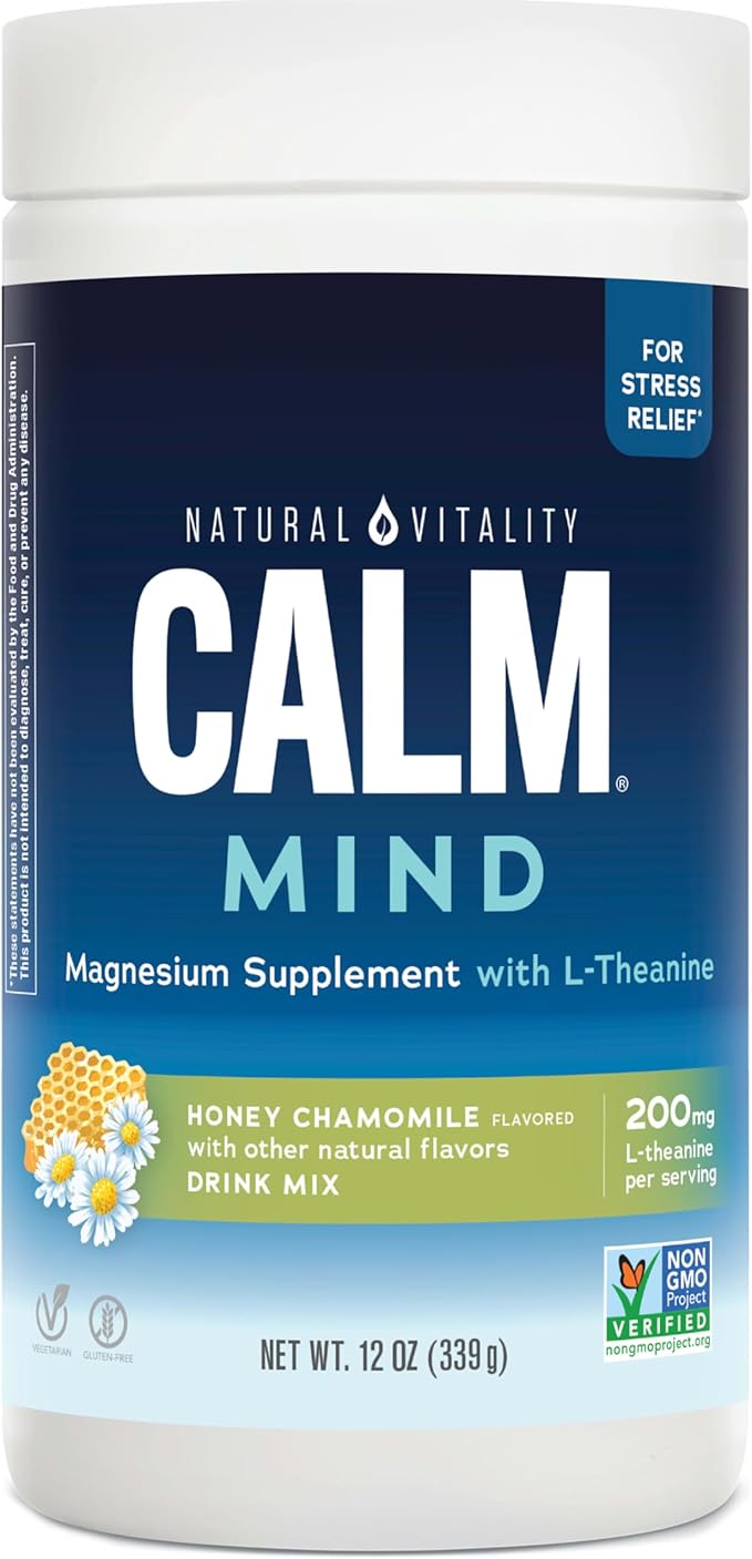 Natural Vitality Calm Mind Magnesium Citrate + L-Theanine Powder Supports a Healthy Response to Stress Gluten Free &amp Vegetarian Honey Chamomile 12 oz.