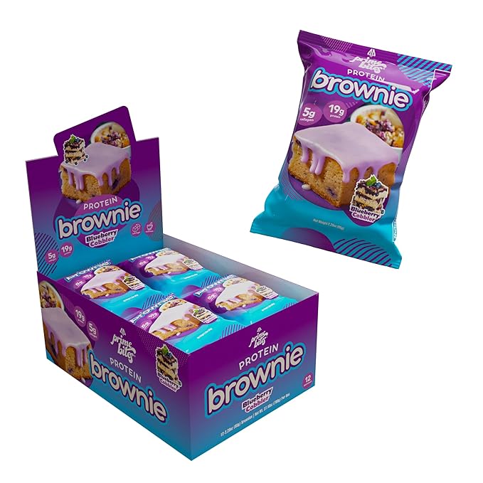 Prime Bites High Protein Brownie (12 Per Box Blueberry Cobbler) - 19g of Protein 5g of Collagen Gluten Free Low Sugar Treat Delicious Protein Snack