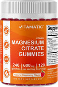 Vitamatic Magnesium Citrate Gummies 600mg per Serving - 240 Vegan Gummies - Natural Raspberry Flavor - High Absorption Magnesium Supplement - Supports Nerve Bone and Muscle Health