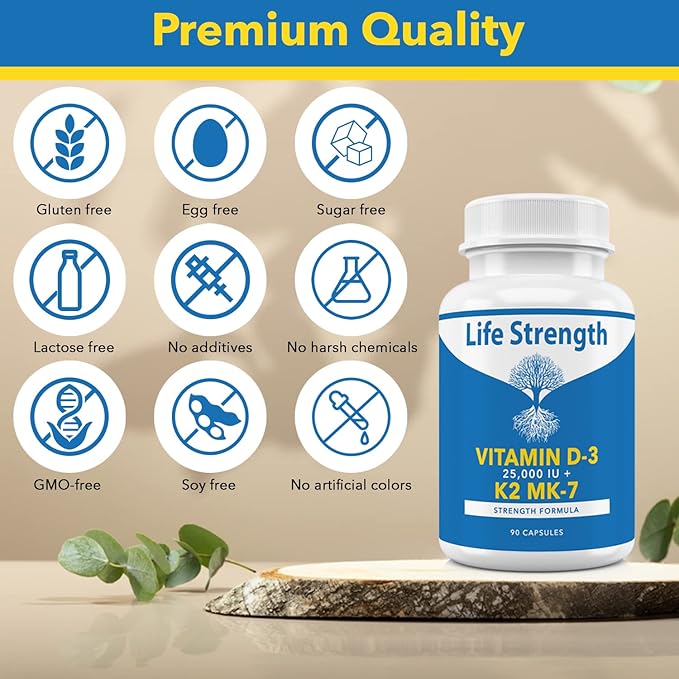 Vitamin K2 (MK7) + D3 25000IU Supplement - Extra Strength Non GMO Easy to Swallow No Fillers - Supports Immune &amp Bone Health