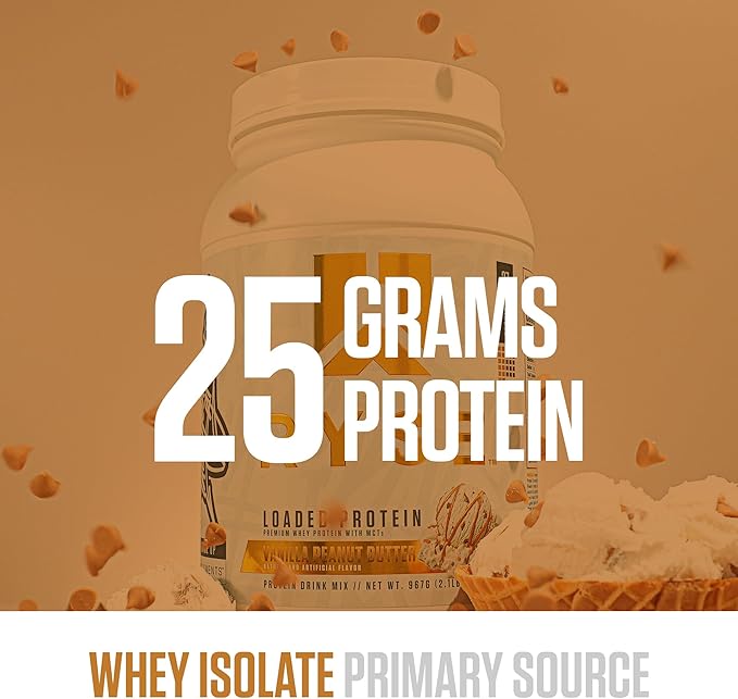 RYSE Loaded Protein Powder - Vanilla Peanut Butter - 25g Whey Protein Isolate &amp Concentrate with Prebiotic Fiber &amp MCTs - Low Carb Low Sugar Digestive-Friendly - 27 Servings / 2 lb Tub