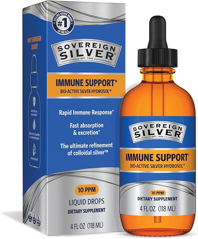 Sovereign Silver Immune Support - Colloidal Silver Bio-Active Silver Hydrosol 10 ppm Liquid Dropper 4 Fl Oz (118 mL)