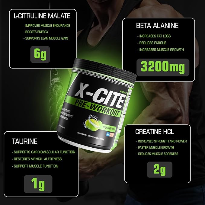 X-CITE Pre-Workout by ATHLEAN-X - Enhanced Formula with Beta-Alanine Creatine &amp Caffeine for Ultimate Energy Endurance Focus &amp Muscle Pump NSF Certified for Sports (Sour Green Apple)