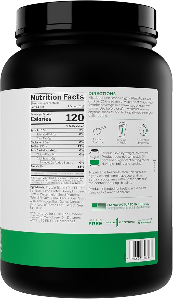 Rule 1 Plant Protein - Vegan Gluten-Free Dairy Free &amp Soy Free Protein Powder with 20g Protein per Serving (20 Servings Pure Vanilla)
