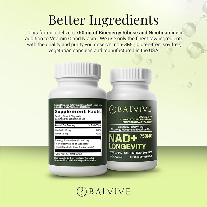 NAD+ Longevity Booster Supplement - Bioenergy Ribose &amp Nicotinamide for Energy Focus &amp Cellular Support - High Bioavailability Complex for Men &amp Women - Natural Ingredients - 30 Capsules