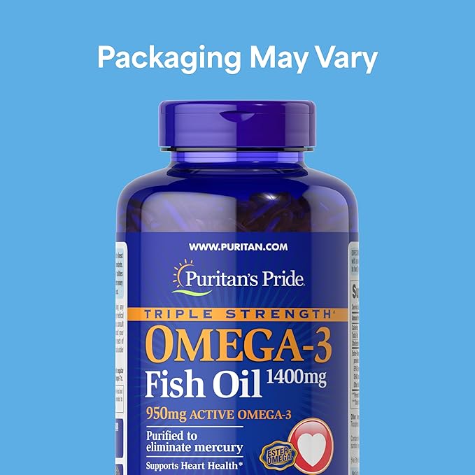 Puritan's Pride Triple Strength Omega-3 Fish Oil 1400mg Active Omega-3 950mg Dietary Supplement for Heart Joint and Cellular Health Support 240 Rapid Release Softgels (Packaging May Vary)